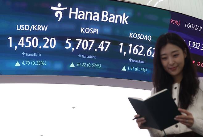 코스피가 사상 처음으로 장중 5700선을 넘은 20일 서울 중구 하나은행 딜링룸에서 코스피 ·코스닥 지수가 표시되고 있다. [연합뉴스]