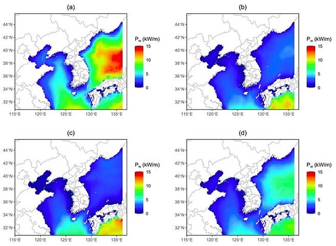 ▲계절별 파력 밀도의 공간 분포: a 12월-2월(겨울); b 3월-6월(봄); c 6월-8월(여름); d 9월-9월(가을). 단위 kW/m는 파랑 진행 방향에 수직한 '해안선 1 m당' 이용 가능한 파력(전력)으로 표시함. (자료=Stochastic Environmental Research and Risk Assessment, 2026).