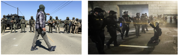 국가권력과 시민의 긴장. 연방 권력 소속 무장 요원과 시위대가 대치하거나 충돌하는 장면. 민주주의에서 주권은 시민을 보호하기 위한 권한이지만, 규범과 절차가 무력화될 때 국가는 시민을 통제·배제하는 장치로 전환된다. 이 이미지는 주권이 '보호'에서 '배제'로 이동하는 순간의 긴장을 시각적으로 보여준다.