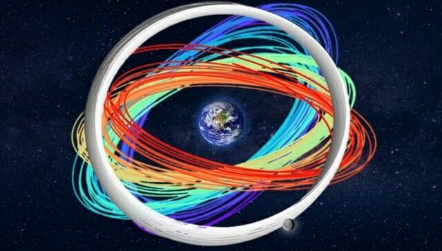 미국 LLNL 연구진이 지구와 달 사이에 100만 개의 위성을 배치했을 때 어떻게 될지를 시뮬레이션했다. (이미지=Dan Herchek/LLNL)