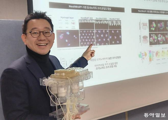 김동성 셀로이드 대표이사가 지난달 9일 서울 서초구 자사 연구소에서 3차원 배양 자동화 시스템을 든 채 미니 장기들이 잘 배양된 결과를 설명하고 있다. 해당 시스템에서 자란 미니 장기들은 혈관이나 조직 기능이 기존 방식에 비해 잘 성숙하고, 개체간 편차도 적다.