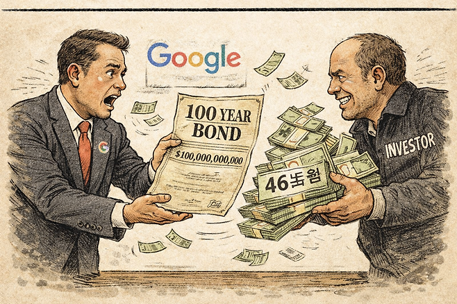 챗gpt를 이용해 구글 100년물 채권 발행 뉴스를 그린 삽화. 아직도 챗gpt는 한글이 어색해 '46조원'이라는 글귀를 제대로 표현하지 못해 아쉽다.