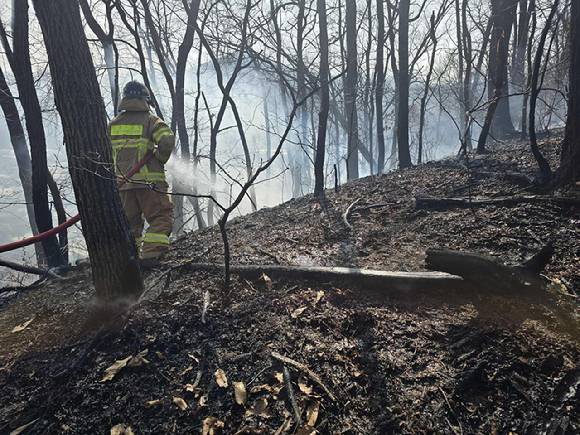 21일 오전 10시 50분께 원주시 지정면 보통리 한 주택에서 발생한 화재가 인접한 야산으로 옮겨붙어 소방대원이 진화작업을 벌이고 있다. [사진=강원특별자치도소방본부]
