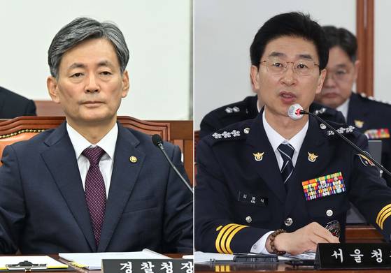 비상계엄 사태 관련 내란죄로 고발된 조지호(왼쪽) 경찰청장과 김봉식 서울경찰청장이 경찰 국가수사본부(국수본) 비상계엄 특별수사단'에 11일 오전 3시 49분 긴급 체포됐다. 뉴시스