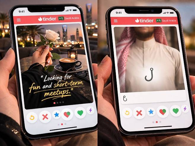 데이팅 애플리케이션 '틴더'를 이용 중인 사우디아라비아 여성(왼쪽)과 남성. 남성의 사진 가운데 갈고리 이모지는 “일회성 만남을 원한다”는 뜻이다. 영어로 갈고리(hook)는 일회성 만남을 의미하는 은어로 사용된다. 사진 챗gpt