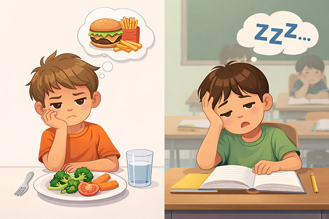편식하는 아이, 수업에 집중 못하는 아이를 키워드로 생성 AI가 만든 이미지. [챗GPT]