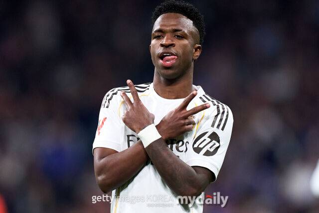 비니시우스 주니오르가 15일 레알 소시에다드와 라리가 경기에서 득점 후 기뻐하고 있다. /게티이미지코리아