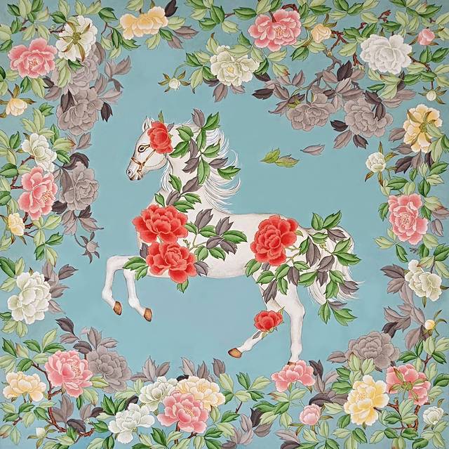 김지은 작, '꽃을 입은 말은 그저 머물며 피아나는 시간을 함께 견딘다'. 대백프라자갤러리 제공