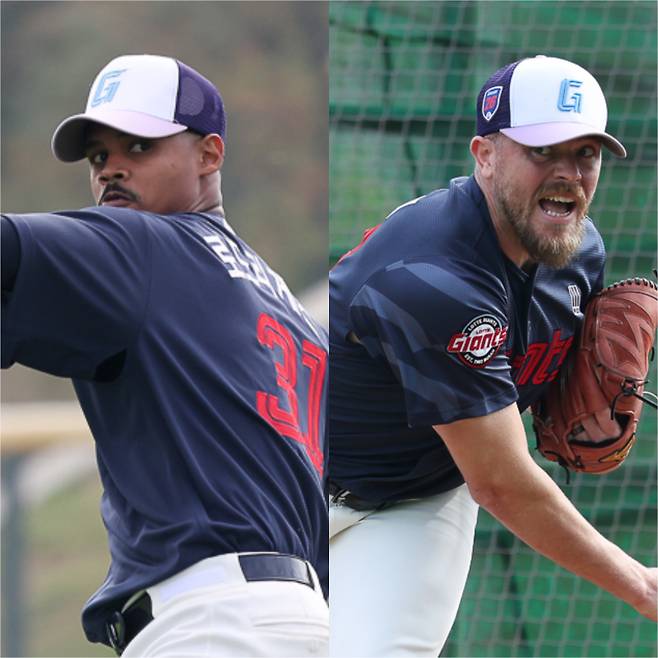 롯데 자이언츠 새 외국인 투수 비슬리(오른쪽)과 로드리게스. 사진=롯데 자이언츠