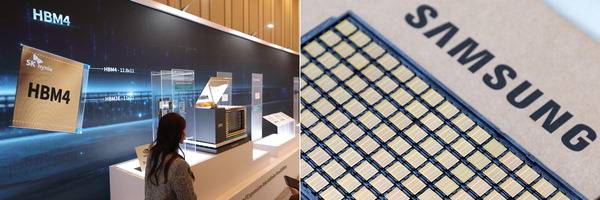 지난달 미국 네바다주 라스베이거스에서 열린 ‘2026 CES’ 내 SK 하이닉스 부스 모습(왼쪽)과 삼성전자의 HBM4 제품.  삼성전자 제공 연합뉴스