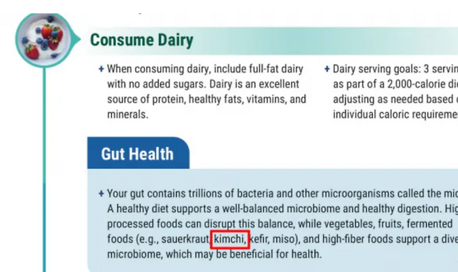2025~2030 미국인을 위한 식단 지침에 권고된 ‘김치’.