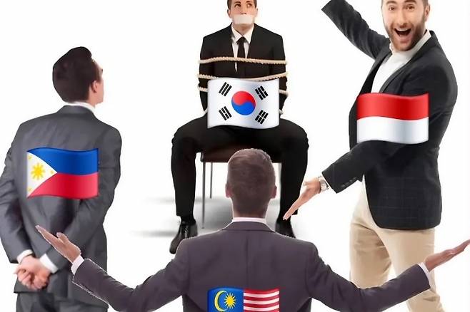 #SEAbling 해시태그와 함께 소셜미디어에서 확산한 이미지. 동남아 국가들이 연대해 한국을 겨냥한 불매 움직임을 벌이는 모습을 상징적으로 표현했다. 엑스(X·옛 트위터) 캡처