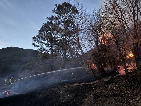 밀양시 삼랑진읍 검세리 산31 일원에서 발생한 산불을 진화대원들이 끄고 있다. /경남소방본부
