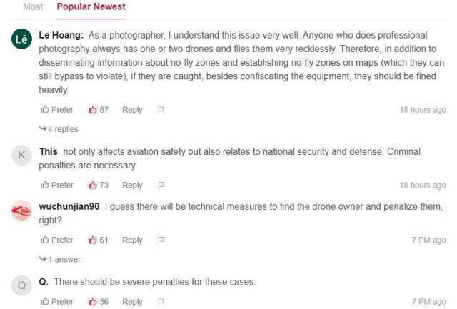 드론 침입을 비판하는 누리꾼들 [사진=VnExpress갈무리]