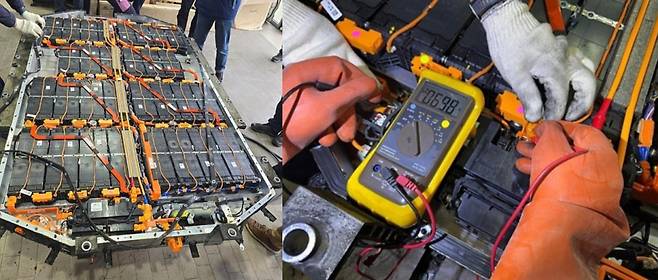 연희동 전기차 화재 사고 이후 분리된 아이오닉5 고전압 배터리팩(왼쪽)과 전압 측정 장면. 감식 결과 배터리 전압은 698V로 정상 범위를 유지한 것으로 확인됐다.[사진=아이오닉 공식 동호회 홈페이지 갈무리]