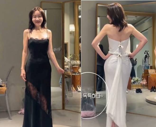 엄지원이 시상식 참석을 위해 드레스 네 벌을 입어보는 과정이 담긴 영상은 엉덩이 뽕 의혹을 불러일으켰다. 사진=ABM컴퍼니 인스타그램