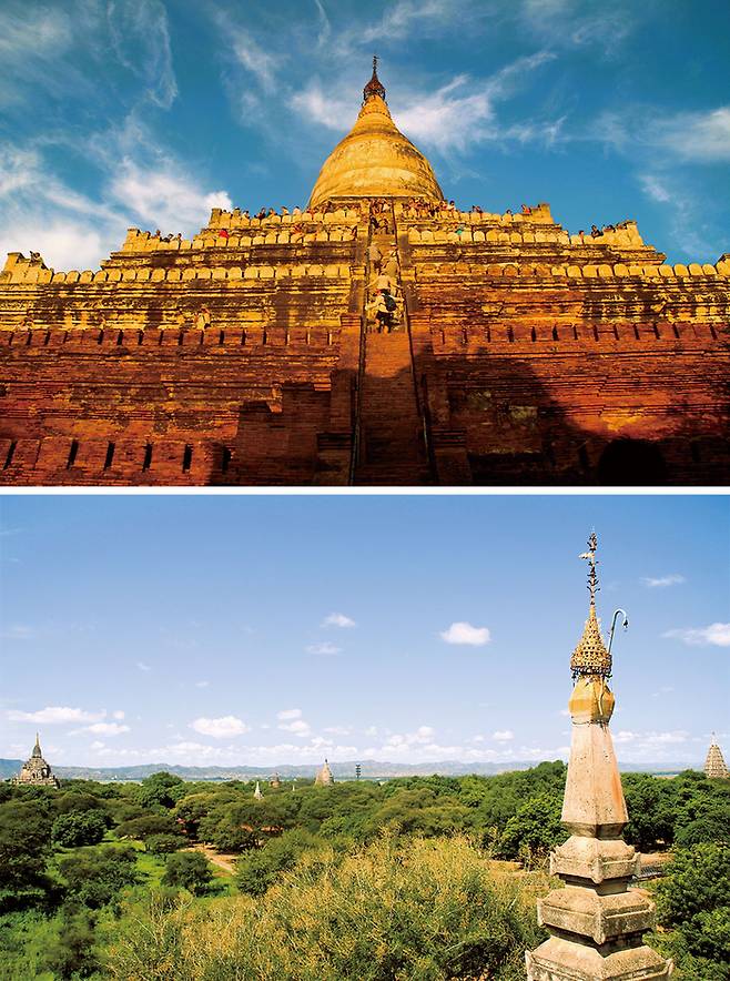 (위) 바간 사원 가운데 일몰 명소로 꼽히는 쉐산도 사원 (아래) 바간에는 2,000개가 넘는 불교 건축물이 드넓은 들판에 흩어져 자리한다.