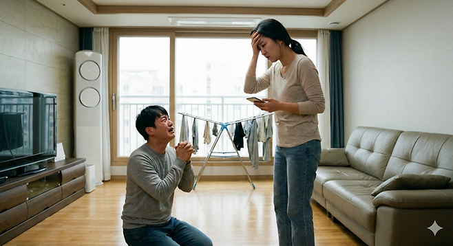 아내를 사랑하는데도 다수의 여성과 지속적으로 외도한 남편의 심리를 이해할 수 없다는 여성의 사연이 온라인에서 화제가 됐다. 사진은 바람을 피운 남편이 아내 앞에 무릎을 꿇고 용서를 구하고 있는 모습. /사진=생성형 AI 이미지