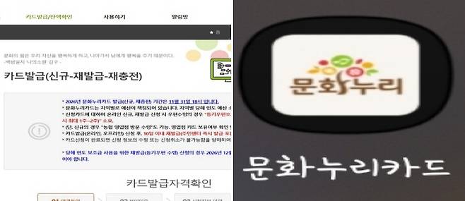 (좌) 문화누리카드 누리집을 통한&nbsp;카드 발급 신청, (우) 원활한 예시 제공을 위해 문화누리카드 앱을 휴대전화에 설치해 본 필자의 휴대전화 화면 사진이다.