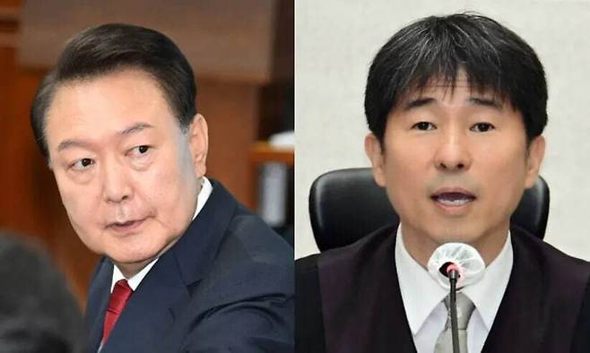 윤석열 전 대통령(왼쪽)이 지난해 4월21일 서울 서초동 서울중앙지법에서 열린 내란 우두머리 혐의 형사재판 2차 공판에 출석하고 있다. 지귀연 부장판사(오른쪽)가 같은 날 재판을 하기 전 언론 공개에 대한 발언을 하고 있다. 사진공동취재단