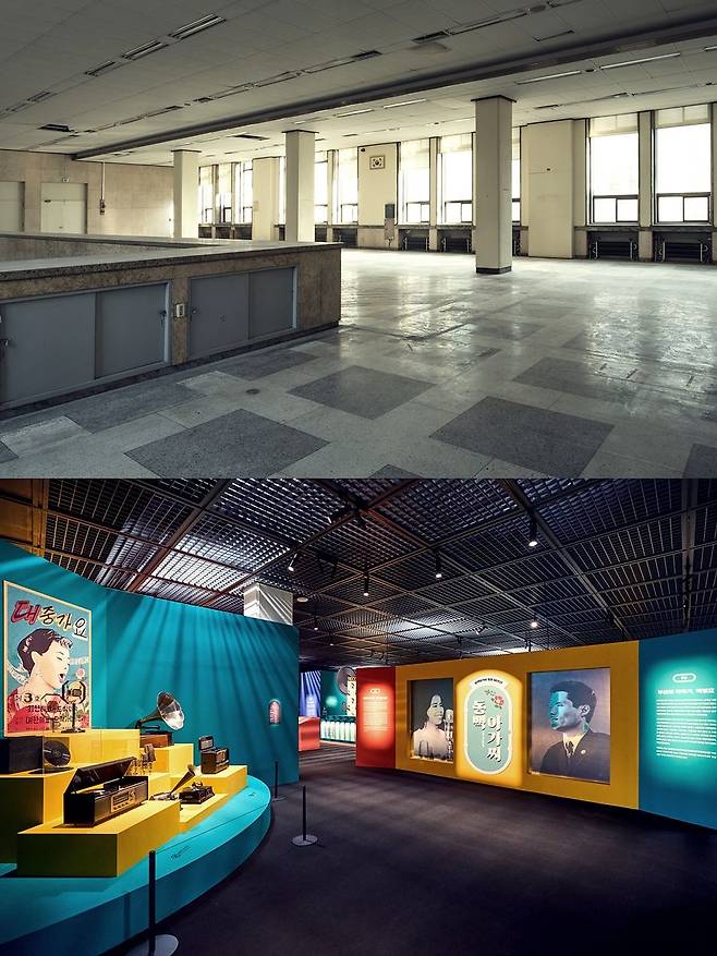 옛 한국은행 부산 본부 건물(위 사진)을 리모델링해 문화시설로 재탄생한 부산근현대역사관 기획전시실 전경. ⓒ부산근현대역사관