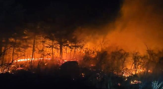 지난 22일 오후 7시22분 강원 고성군 토성면에서 산불이 발생해 주민 대피 조치가 이뤄진 가운데 소방 당국이 대응 2단계 발령하고 인력과 장비를 동원해 진화 작업을 벌이고 있다. [사진 강원도소방본부]