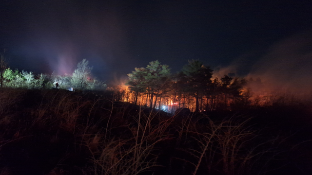 ▲ 22일 오후 7시 22분쯤 고성군 토성면 인흥리 일대에서 발생한 산불이 1시간 50여분 만에 주불이 잡혔다. 강원소방본부 제공