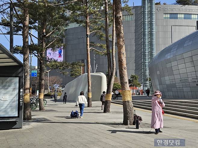 23일 오전 10시 서울 중구 동대문디자인플라자(DDP) 앞 횡단보도 인근에서 한 60대 여성이 스피커와 마이크를 가져와 포교 활동을 하고 있다. /사진=박수빈 기자