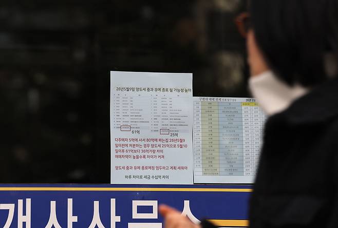 22일 서울 강남구 한 부동산중개업소에 다주택자 양도소득세 중과 유예 종료와 관련된 메모가 붙어 있다. [연합뉴스]