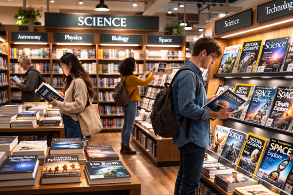과학분야 코너에서 독자들이 책을 고르고 있는 모습. 이미지=생성형 AI이미지&nbsp;