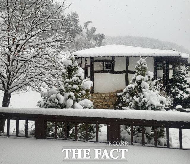 영주시 단산면 옥대리의 한 펜션이 하얀 겨울옷을 입고 있다. /독자 제공