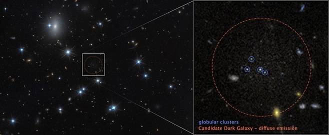 지구에서 3억 광년(1광년은 빛의 속도로 1년간 이동한 거리) 떨어진 페르세우스 은하군에서 발견된 암흑 은하 후보(주황색 동그라미). 구상성단 4개(파란색 동그라미)가 밀집한 모습이 실마리가 됐다. NASA, ESA, Dayi Li, Joseph DePasquale 제공