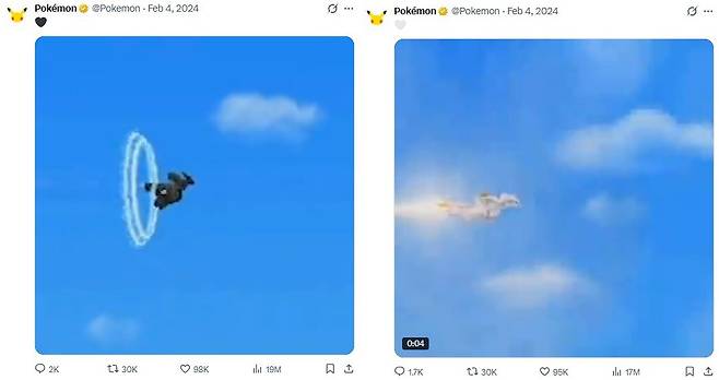 ▲ 2024년 2월, '포켓몬 프레젠트'를 앞두고 포켓몬스터 공식 X에 올라온 '블랙 & 화이트' 엔딩 장면
단순히 엔딩 장면과 하트 이모티콘을 올렸음에도 팬들의 엄청난 관심을 받았다.