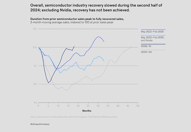 엔비디아를 제외한 반도체 기업의 회복세는 더디다.  그래픽처리장치(GPU), 고대역폭메모리(HBM)와 CUDA 기반 소프트웨어를 결합한 AI 핵심 기술을 보유한 기업이 시장 평균을 끌어올리고 있는 구조다. / 맥킨지 제공