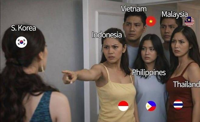 사회관계망서비스 엑스(X)에 게재된 반한 관련 이미지. 동남아 국가들이 한국과 대립하는 모습. [엑스(X·옛 트위터) 캡처]