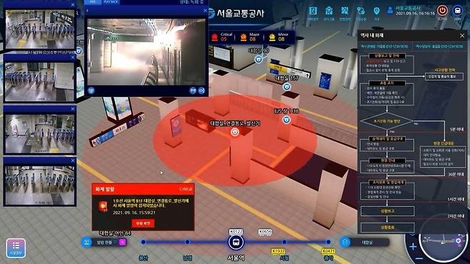 서울교통공사의 스마트 스테이션 시스템 화면을 촬영한 사진이다. 화재 발생 시 대응 절차를 나타내는 순서도가 보인다.