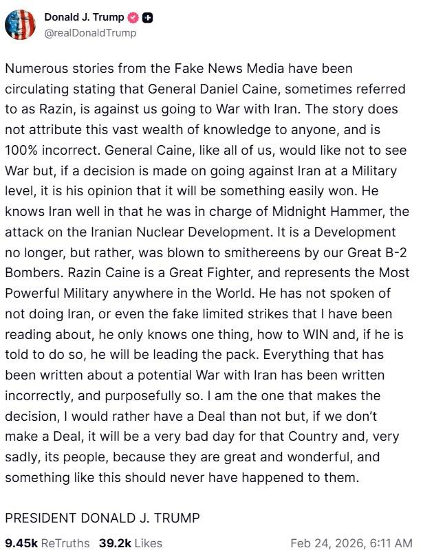 23일(현지시간) 도널드 트럼프 미국 대통령이 소셜미디어 트루스소셜에 올린 게시글. 트럼프 대통령은 이란 공격에 대해 미군 수뇌부가 신중한 입장을 개진했다는 보도를 일축하면서 “결정권자는 나”라고 강조했다. [트루스소셜 캡처]