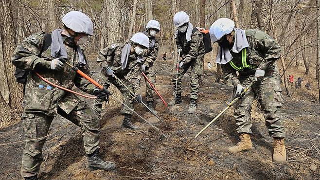 [서울=뉴시스] 육군은 최근 전국 각지에서 발생한 산불 진화 후속지원 현장에 병력과 장비를 지원했다고 24일 밝혔다.사진은 지난 22일 육군 32보병사단 장병들이 충남 예산 일대 산불 현장에서 잔불 정리를 하고 있다. (사진=육군 제공) 2026.02.24. photo@newsis.com *재판매 및 DB 금지