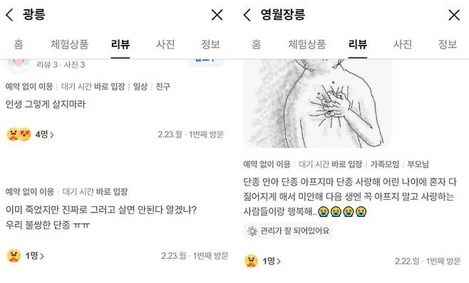 [서울=뉴시스] 영화 '왕과 사는 남자'(왕사남)이 누적관객 600만 명을 돌파한 가운데, 세조와 세조의 비 정희왕후가 묻힌 '광릉'의 네이버 방문자 리뷰에 세조를 향한 비판이 이어지고 있다. (사진=네이버 방문자 리뷰 갈무리) *재판매 및 DB 금지