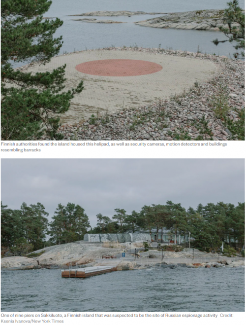핀란드에서는 2018년 러시아와 연계된 한 기업이 군사 요충지 인근 섬에 선착장 9개와 헬리콥터 착륙시설, 막사형 건물 등 거점(사진)을 구축했다가 적발된 바 있다. 뉴욕타임스 제공