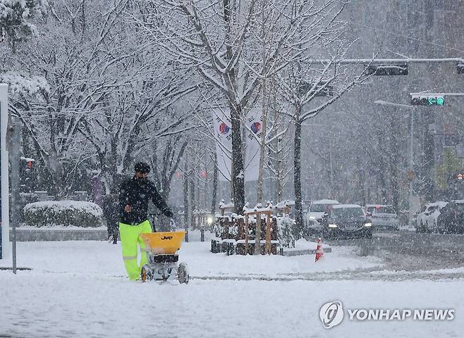 쌓인 눈에 제설작업 (대전=연합뉴스) 강수환 기자 = 24일 오후 대전에 대설주의보가 발효된 가운데 서구 둔산동에서 한 관공서 관계자가 제설작업을 벌이고 있다. 2026.2.24 swan@yna.co.kr