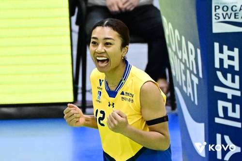 득점 후 기뻐하는 현대건설의 자스티스  [한국배구연맹 제공. 재판매 및 DB 금지]