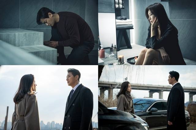 ENA 새 월화드라마 '클라이맥스' 제작진이 부부로 분하는 배우 주지훈(위 왼쪽)과 하지원의 스틸을 공개했다. /KT스튜디오지니