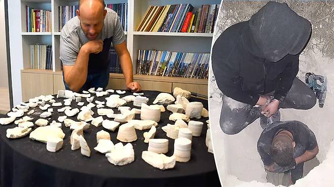 이스라엘 고대유물관리국이 도굴범(오른쪽)을 추적하다 발견한 2000년 전 석기. 사진=이스라엘 고대유물관리국(IAA)