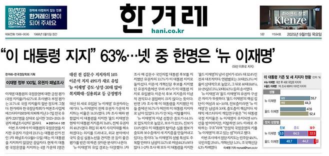 지난해 9월 한겨레가 한국정당학회와 함께 여론조사기관 에스티아이(STI)에 의뢰해 실시한 유권자 2차 패널조사 보도에서 ‘뉴 이재명’이란 이름이 처음 등장했다. 한겨레 9월11일치 1면 갈무리.