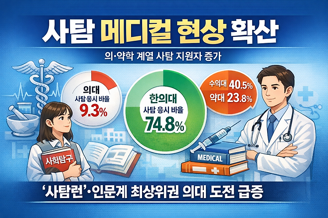 2026학년도 정시가 마무리되는 가운데 의대에 지원한 사회탐구(사탐) 응시자의 지원 비율이 10%에 육박해 ‘사탐 메디컬 현상’이 현실화된 것으로 파악됐다. 기사를 분석해 AI가 제작한 그림. [챗GPT를 통해 제작]