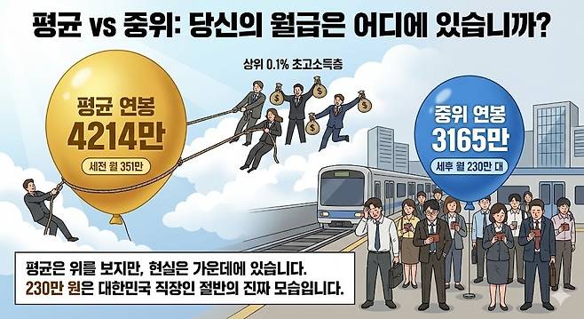 평균 vs 중위: 당신의 월급은 어디에 있습니까?. 제미나이 생성 그래픽