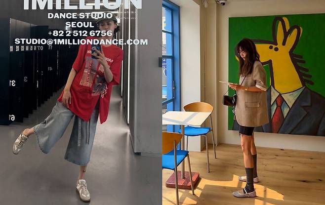 가수 나나는 오버 사이즈의 버뮤다 팬츠와 플랫슈즈를&nbsp;매치해&nbsp;시크하면서도 차분한 룩을 연출했고, 배우 채정안은 메리제인 플랫슈즈에 그레이 컬러 삭스를 매치에 스타일리시하면서도 세련된 룩을 완성했다.&nbsp;나나, 채정안 SNS 갈무리