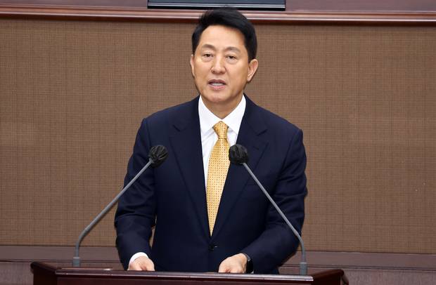 오세훈 서울시장이 24일 오후 서울 중구 서울시의회에서 열린 334회 임시회 개회식에서 인사말을 하고 있다. 2026.2.24/뉴스1