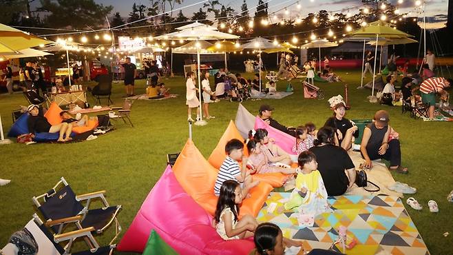 지난해 7월 박두진문학관에서 진행한 '별밭에 누워' 행사에 참여한 시민들이 가족 단위로 얘기를 나누는가 하면 각자의 방식으로 밤을 즐긴다. 사진=안성시청